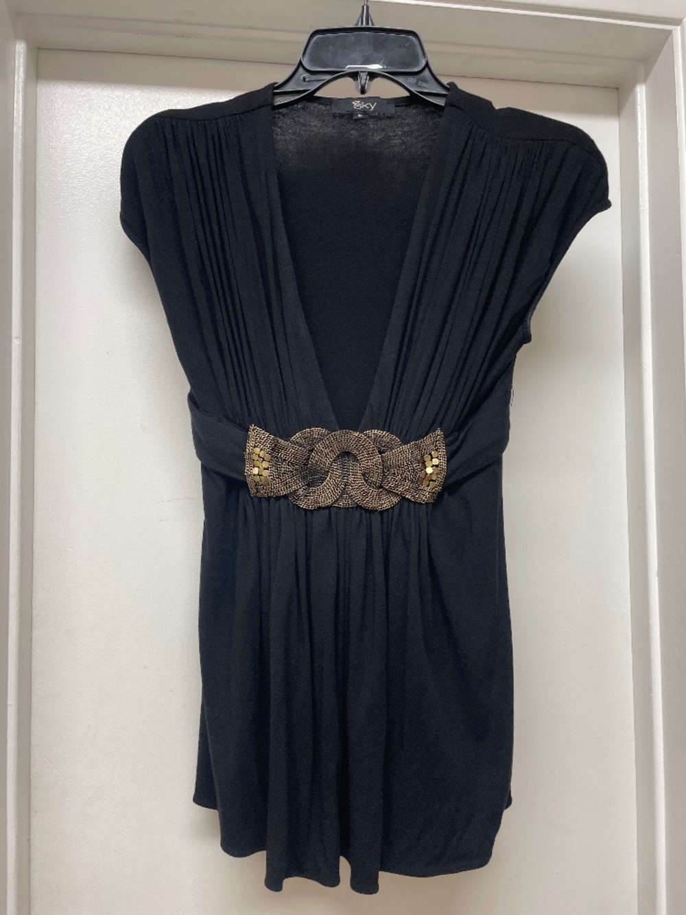 SKY BRAND Black Plunge V Neck Top w Bronze Chain Detail